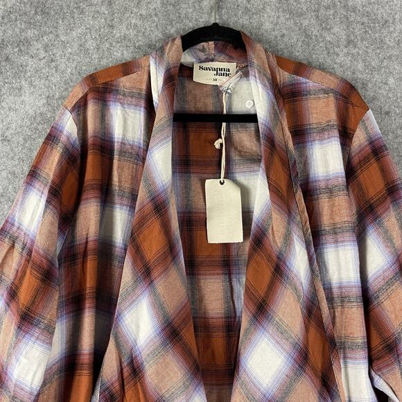 Savanna Jane Flannel Long Cardigan 1X Plaid Tassel Asymmetric Boho Western NEW - Picture 2 of 16